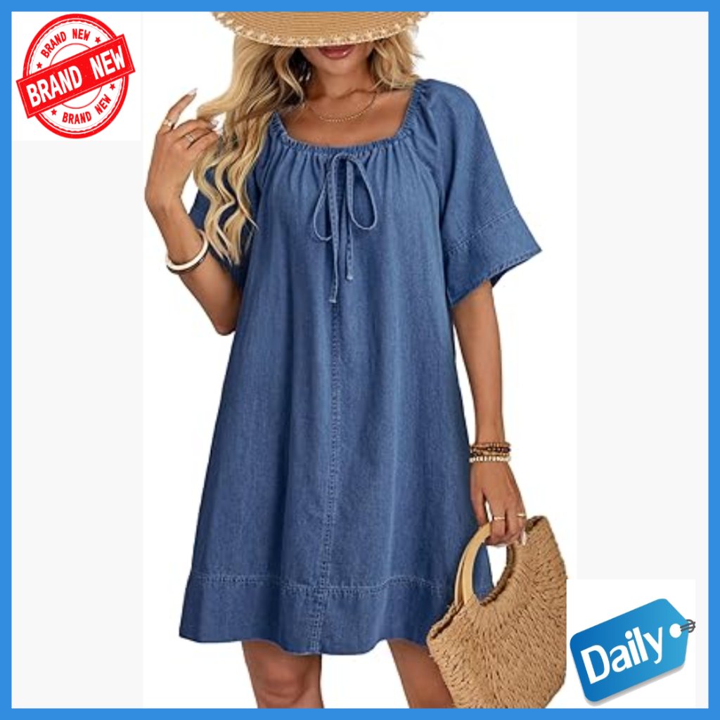Lightweight Cotton Denim Dress Square Neck Tie Front Casual Summer